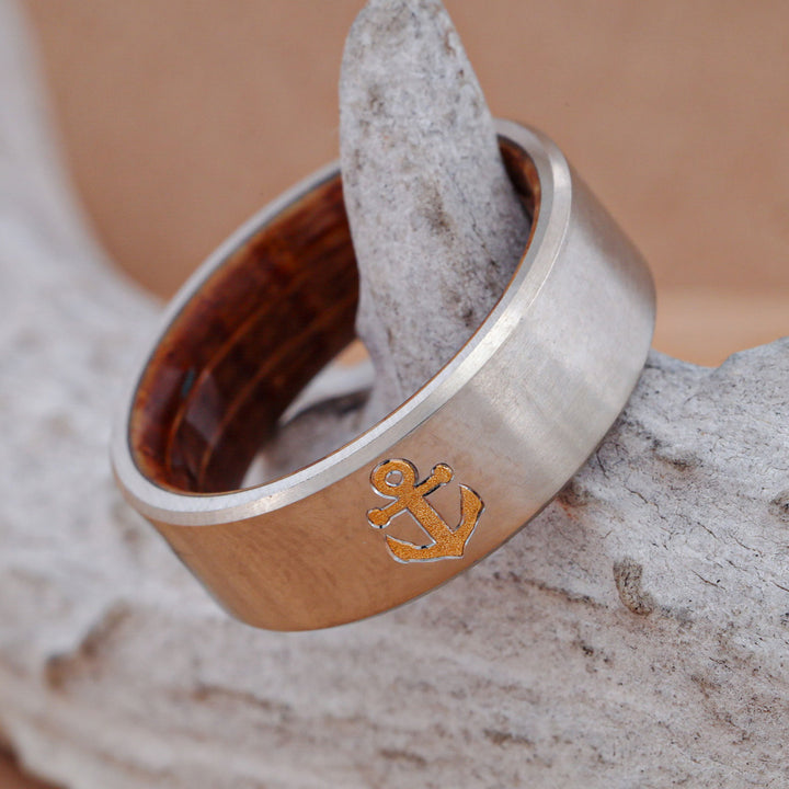 Metal Band with 24k Anchor Inlay and Whiskey Barrel Liner