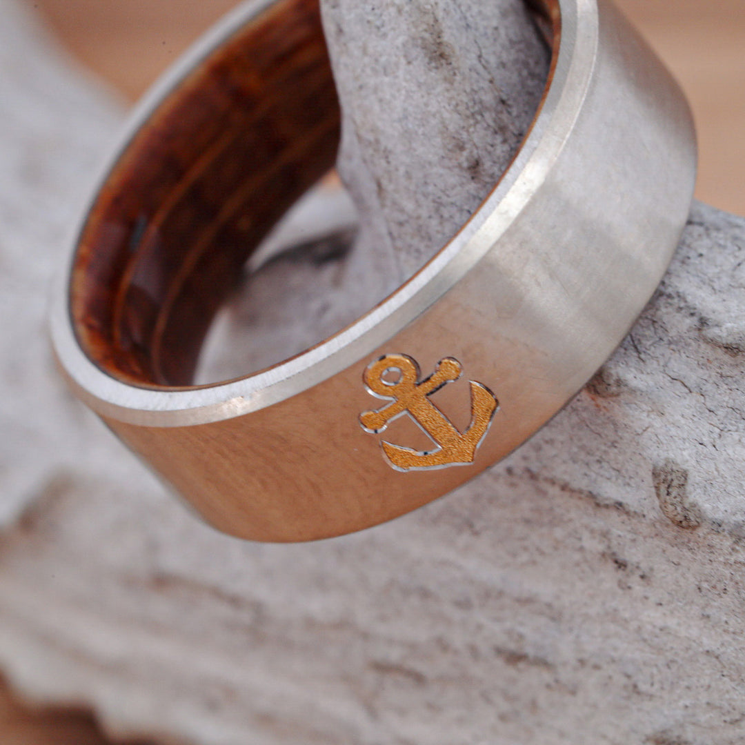 Set of Metal Bands with 24k Anchor Inlay and Whiskey Barrel Liner