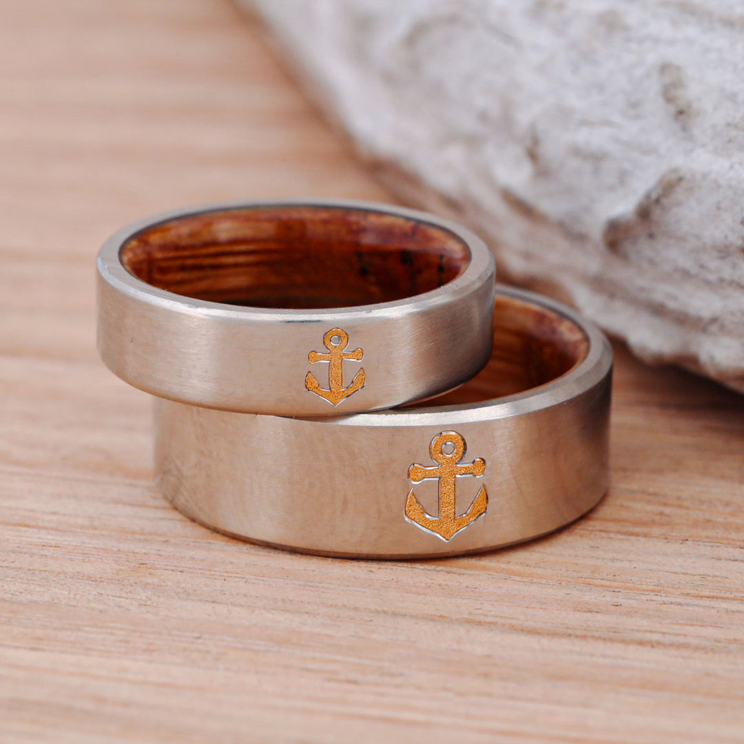 Set of Metal Bands with 24k Anchor Inlay and Whiskey Barrel Liner