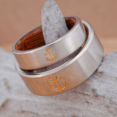 Set of Metal Bands with 24k Anchor Inlay and Whiskey Barrel Liner
