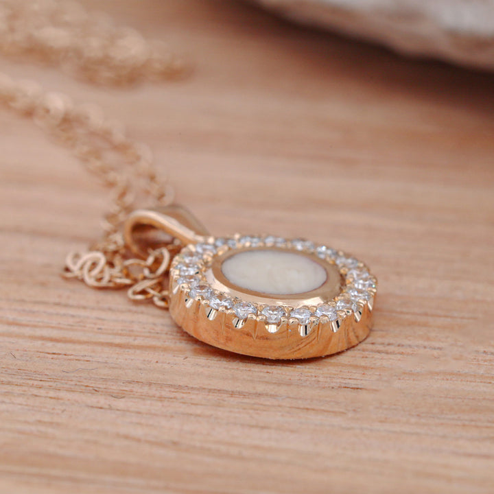 Synthetic Ivory Pendant and/or Stud Earring Set with Halo Set Diamonds