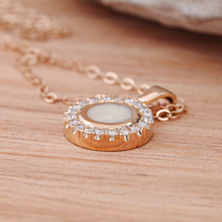 Synthetic Ivory Pendant and/or Stud Earring Set with Halo Set Diamonds