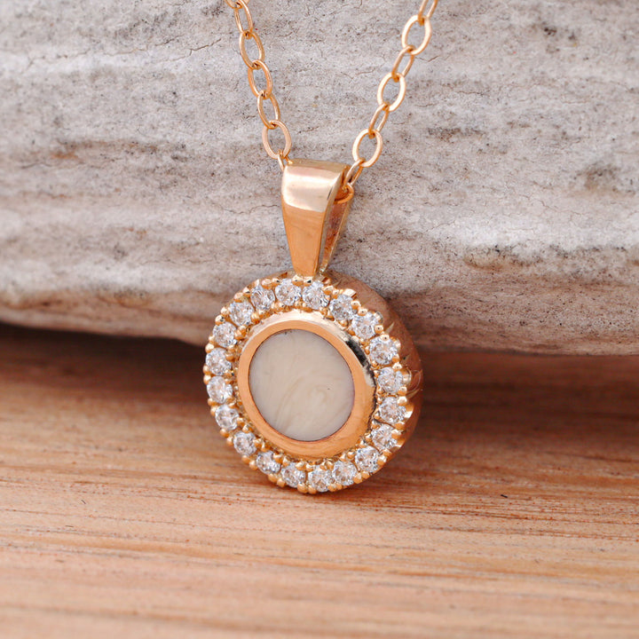 Synthetic Ivory Pendant and/or Stud Earring Set with Halo Set Diamonds