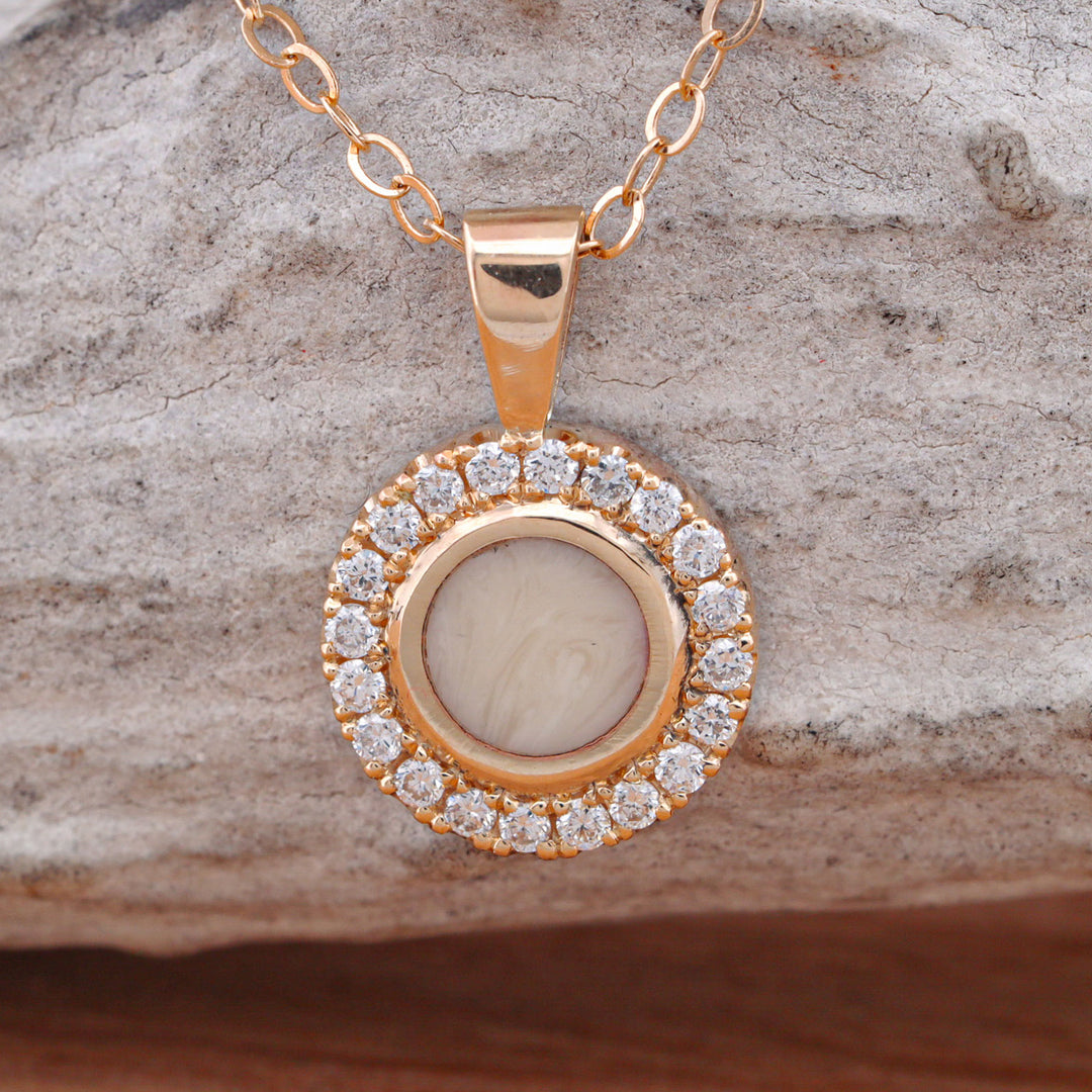 Synthetic Ivory Pendant and/or Stud Earring Set with Halo Set Diamonds