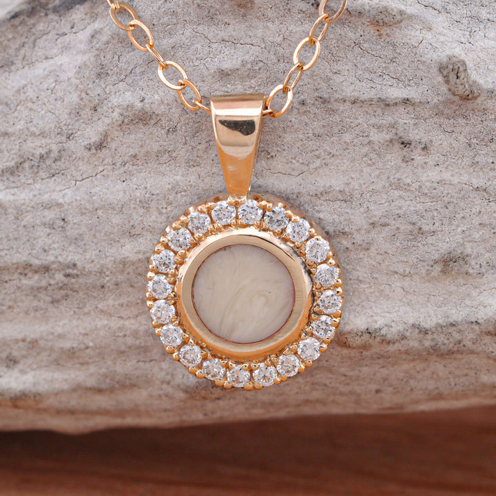 Synthetic Ivory Pendant and/or Stud Earring Set with Halo Set Diamonds