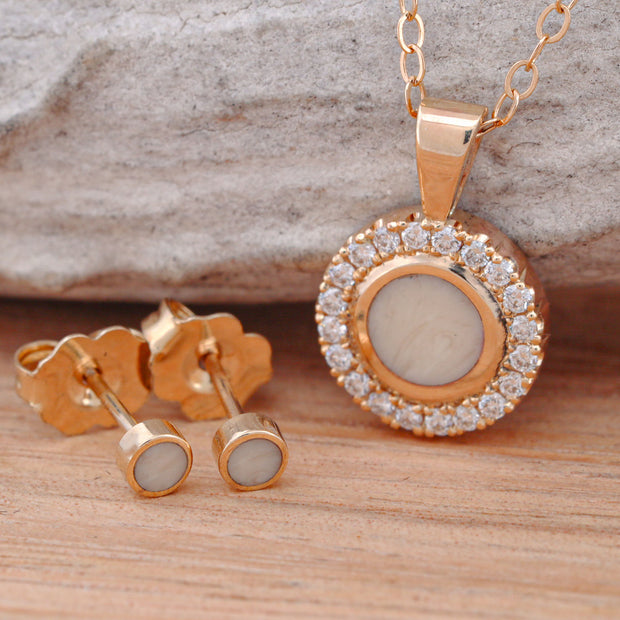 Synthetic Ivory Pendant and/or Stud Earring Set with Halo Set Diamonds