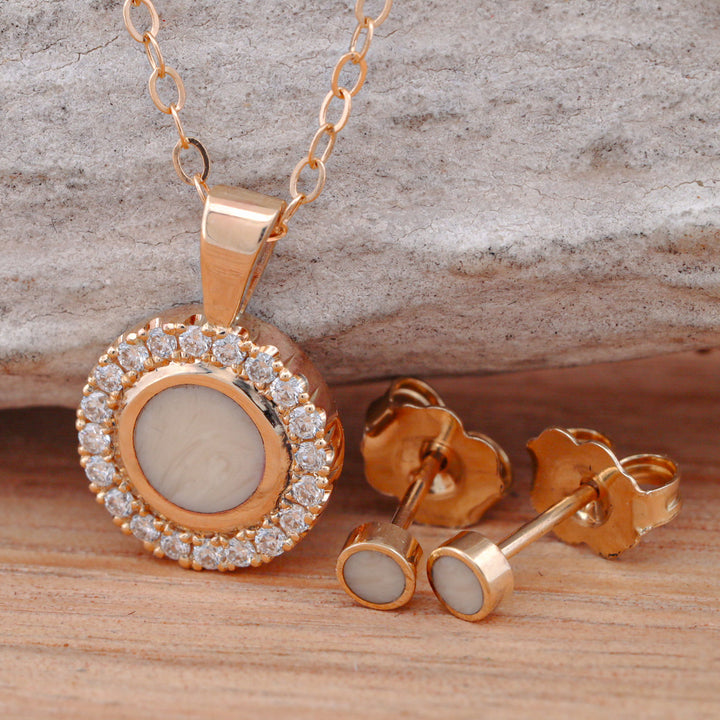 Synthetic Ivory Pendant and/or Stud Earring Set with Halo Set Diamonds