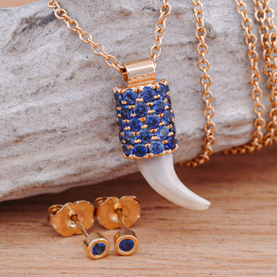 14k Gold Dog Tooth Pendant with Pave Set Blue Sapphire Accents