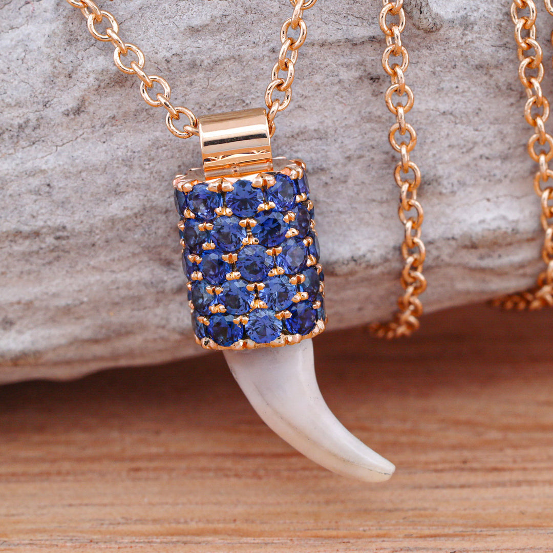 14k Gold Dog Tooth Pendant with Pave Set Blue Sapphire Accents