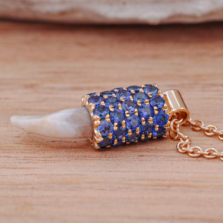 14k Gold Dog Tooth Pendant with Pave Set Blue Sapphire Accents