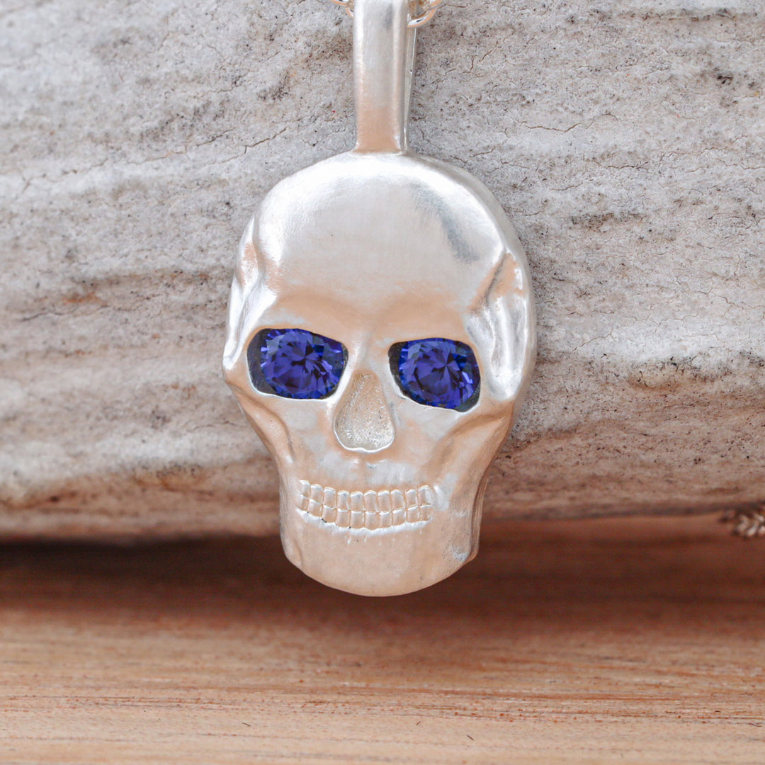 Silver or 14k Gold Sapphire Skull Pendant