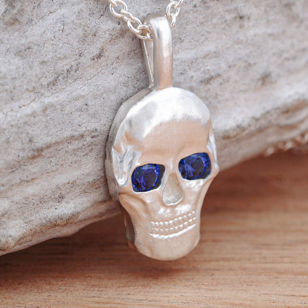 Silver or 14k Gold Sapphire Skull Pendant