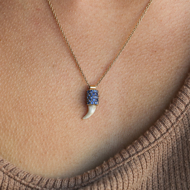 14k Gold Dog Tooth Pendant with Pave Set Blue Sapphire Accents
