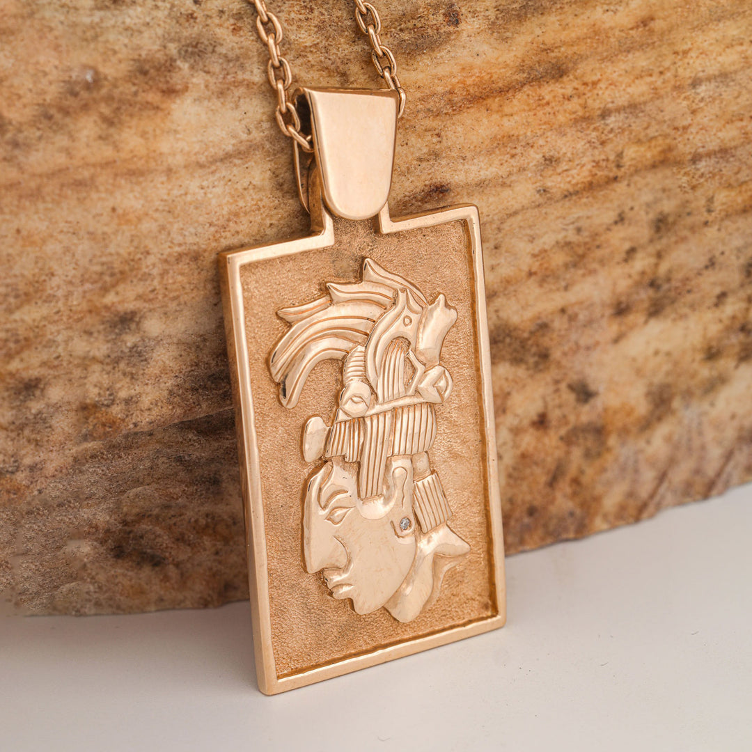 Hand Sculpted Gold Mayan King "Rey Pakal" Pendant