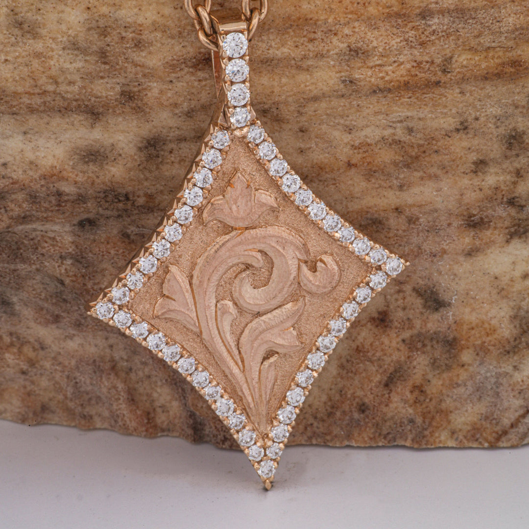 Sculpted Scroll, French Set Diamonds, and 14k Gold Pendant