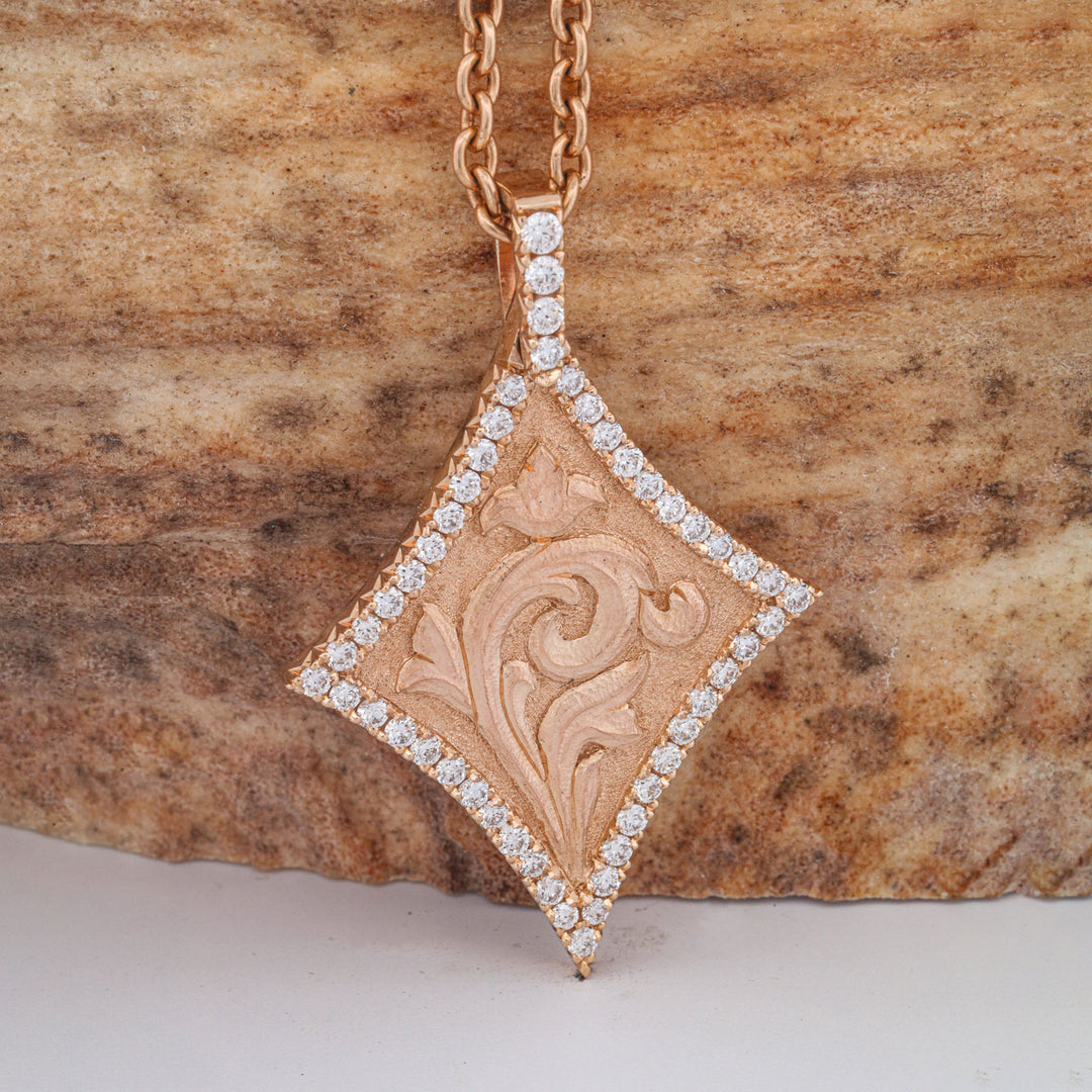 Sculpted Scroll, French Set Diamonds, and 14k Gold Pendant