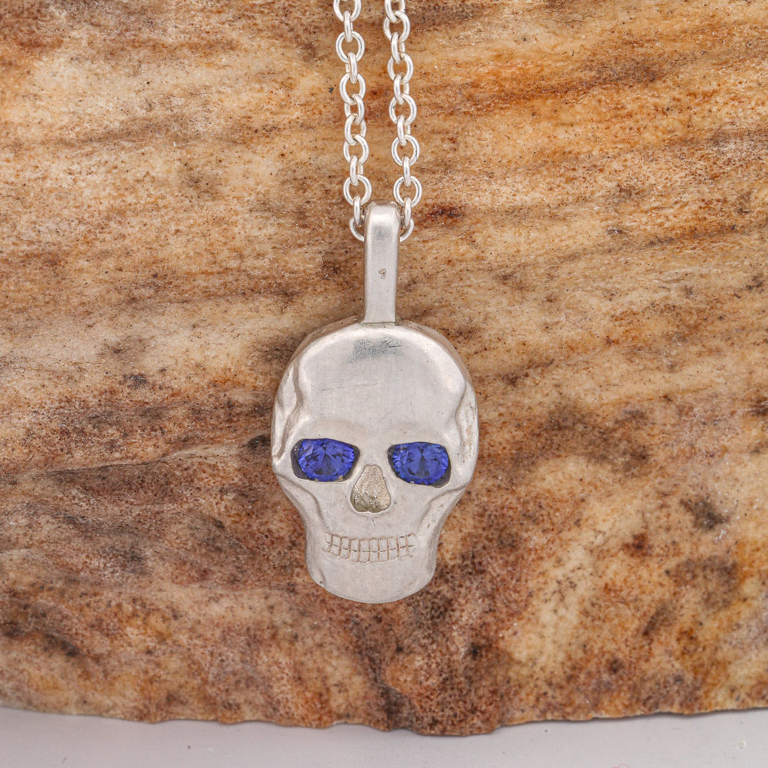 Silver or 14k Gold Sapphire Skull Pendant