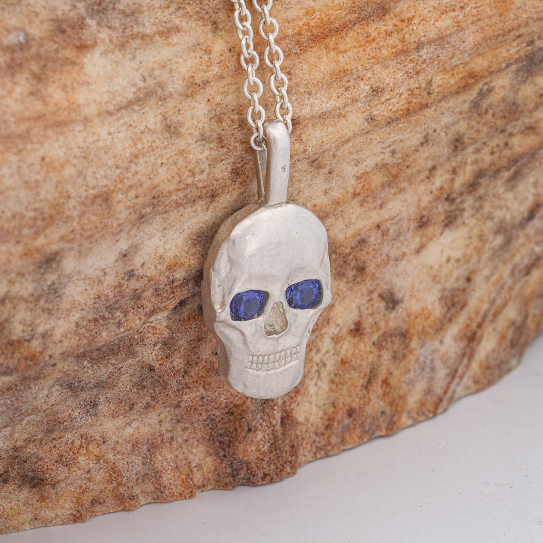 Silver or 14k Gold Sapphire Skull Pendant