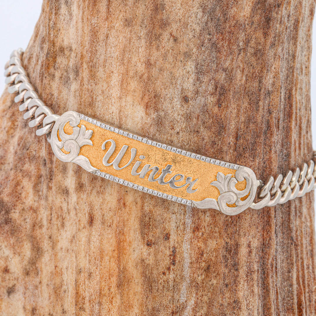 Customizable Gold "Name" Bracelet with 24k Gold Inlay and Diamond Accents