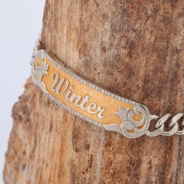 Customizable Gold "Name" Bracelet with 24k Gold Inlay and Diamond Accents