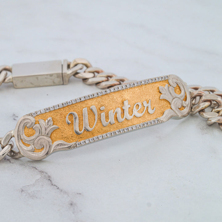 Customizable Gold "Name" Bracelet with 24k Gold Inlay and Diamond Accents