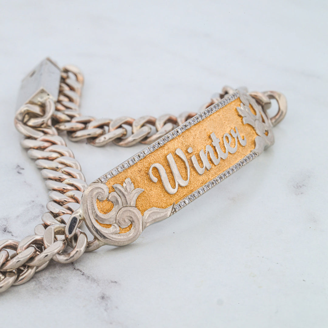 Customizable Gold "Name" Bracelet with 24k Gold Inlay and Diamond Accents