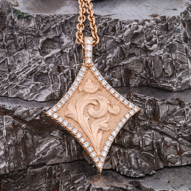 Sculpted Scroll, French Set Diamonds, and 14k Gold Pendant