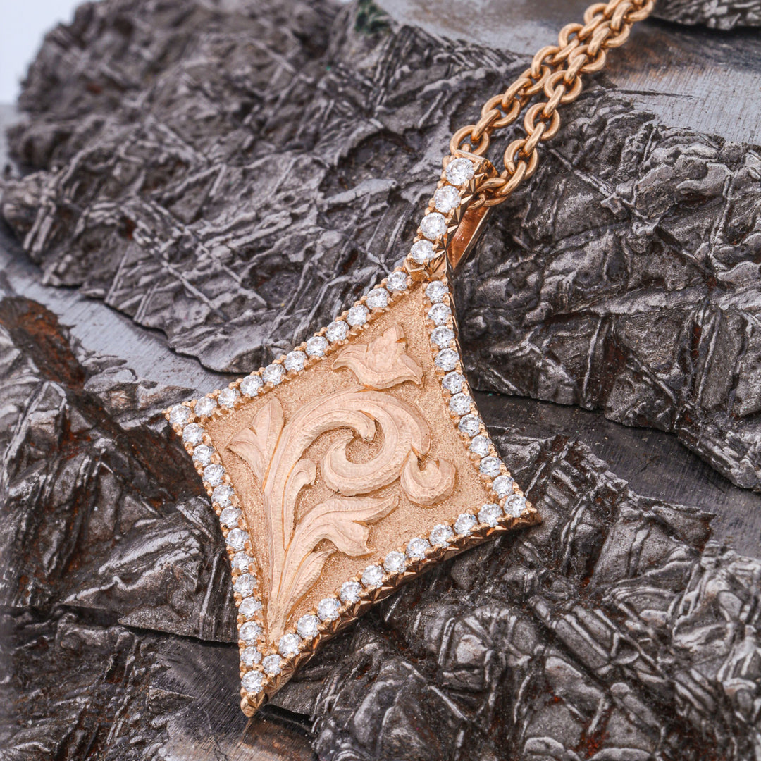 Sculpted Scroll, French Set Diamonds, and 14k Gold Pendant