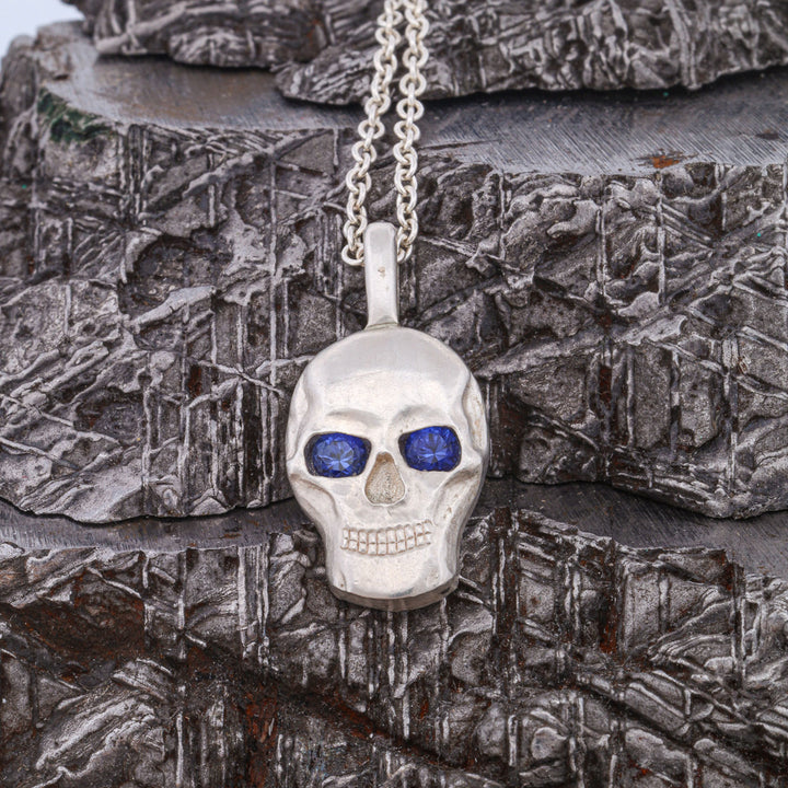 Silver or 14k Gold Sapphire Skull Pendant