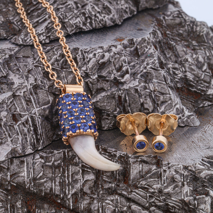 14k Gold Dog Tooth Pendant with Pave Set Blue Sapphire Accents