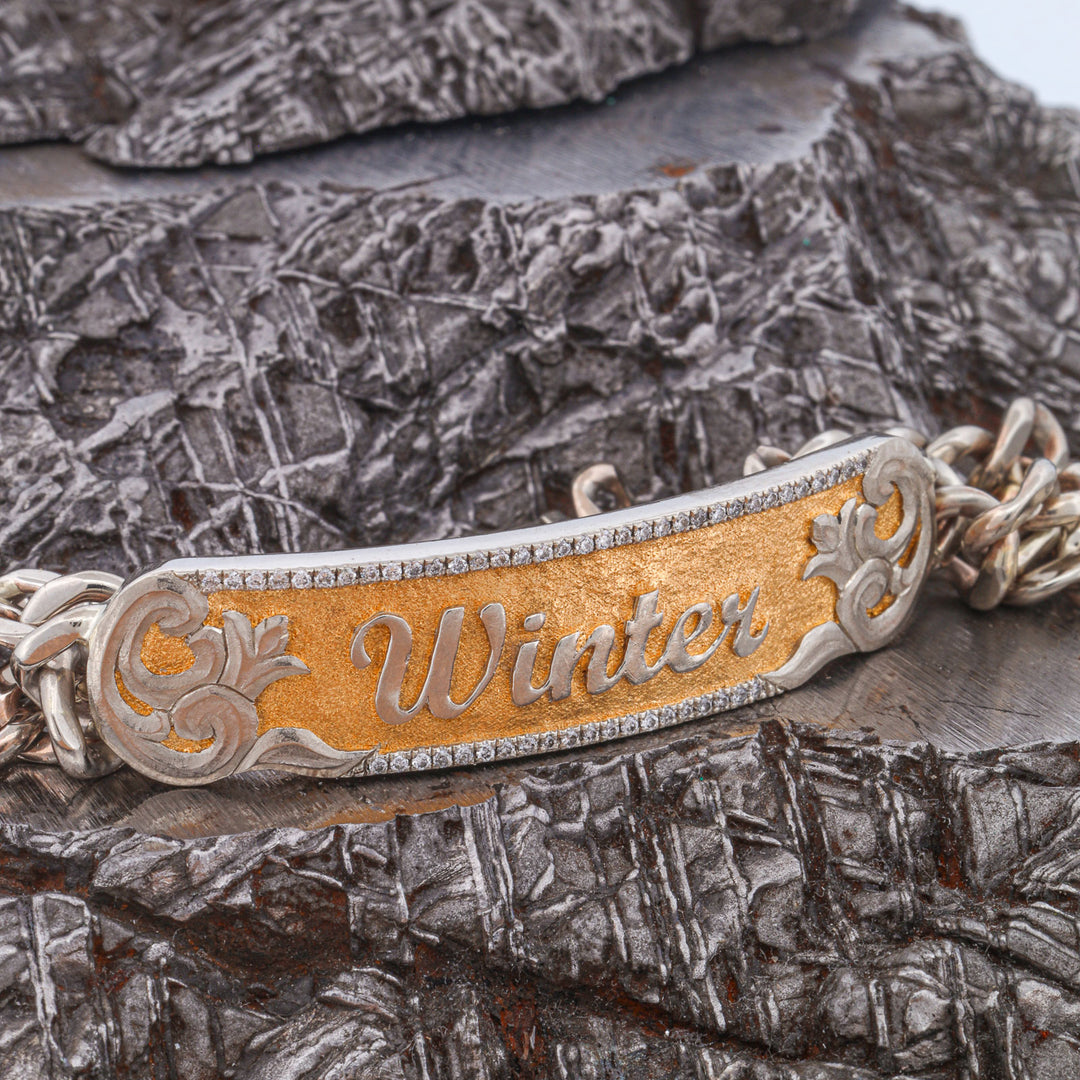 Customizable Gold "Name" Bracelet with 24k Gold Inlay and Diamond Accents