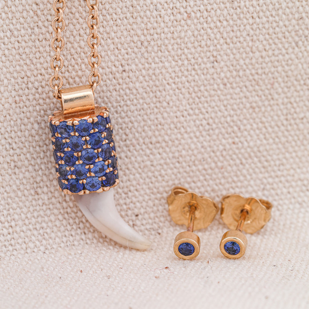 14k Gold Dog Tooth Pendant with Pave Set Blue Sapphire Accents