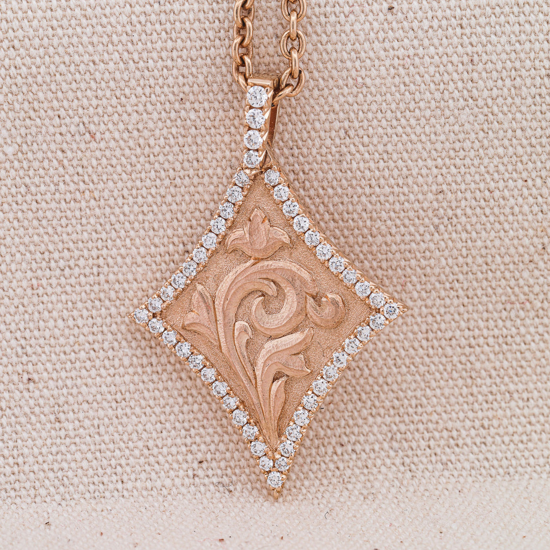 Sculpted Scroll, French Set Diamonds, and 14k Gold Pendant