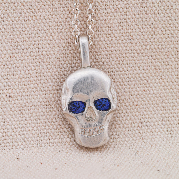 Silver or 14k Gold Sapphire Skull Pendant