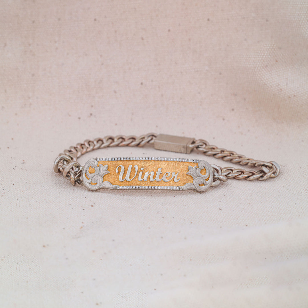 Customizable Gold "Name" Bracelet with 24k Gold Inlay and Diamond Accents