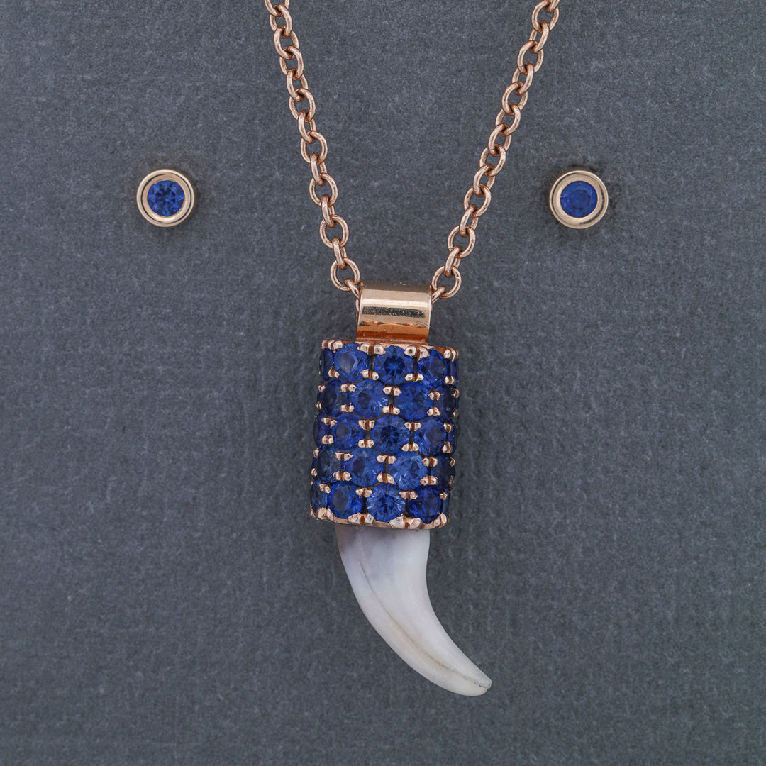 14k Gold Dog Tooth Pendant with Pave Set Blue Sapphire Accents