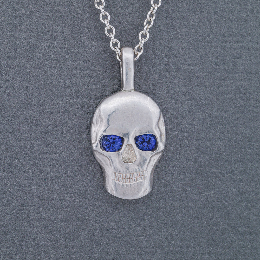 Silver or 14k Gold Sapphire Skull Pendant