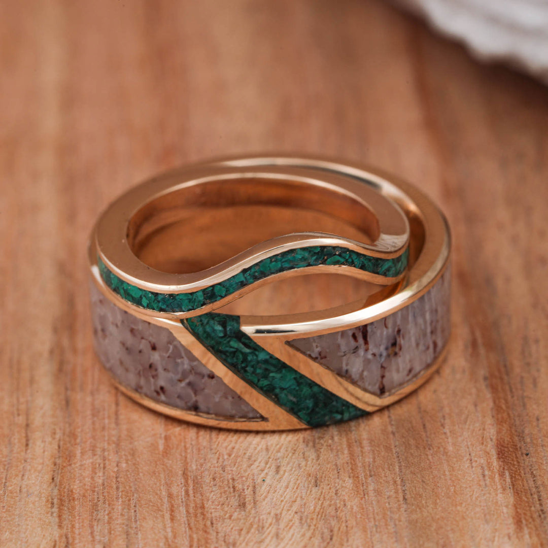 Antler Channel Ring with Diagonal Malachite Inlay and Malachite U-Ring