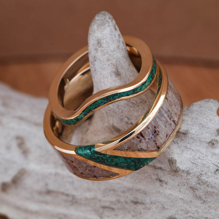 Antler Channel Ring with Diagonal Malachite Inlay and Malachite U-Ring