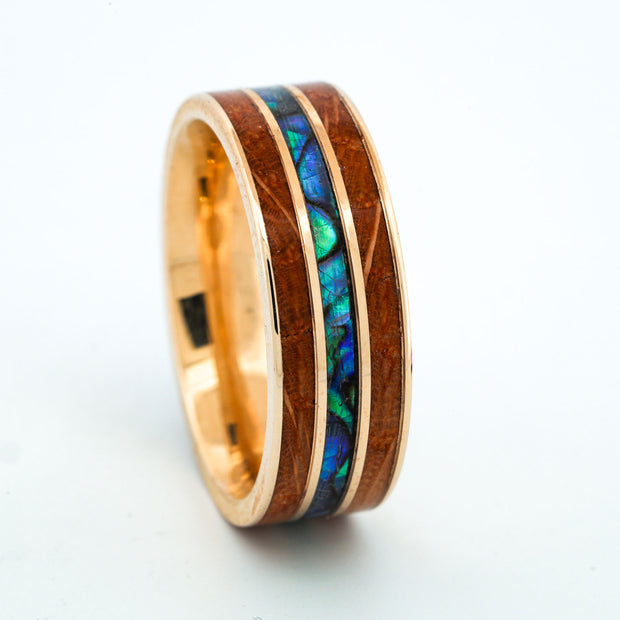SALE RING -  Yellow Gold, Whiskey Barrel Wood, Abalone Shell - Size 10.75