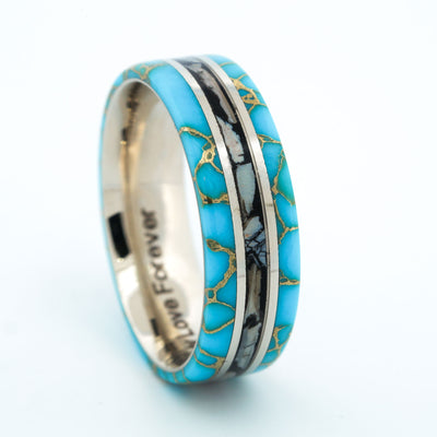 SALE RING - White Gold, Shark Teeth, Turquoise with Gold Veins - Size 13