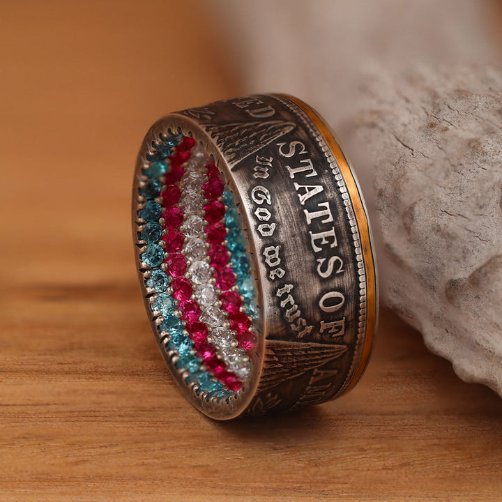 USA Silver Dollar Coin Ring with Sapphire, Ruby, and Diamond inside Pave and 24k Gold Inlays