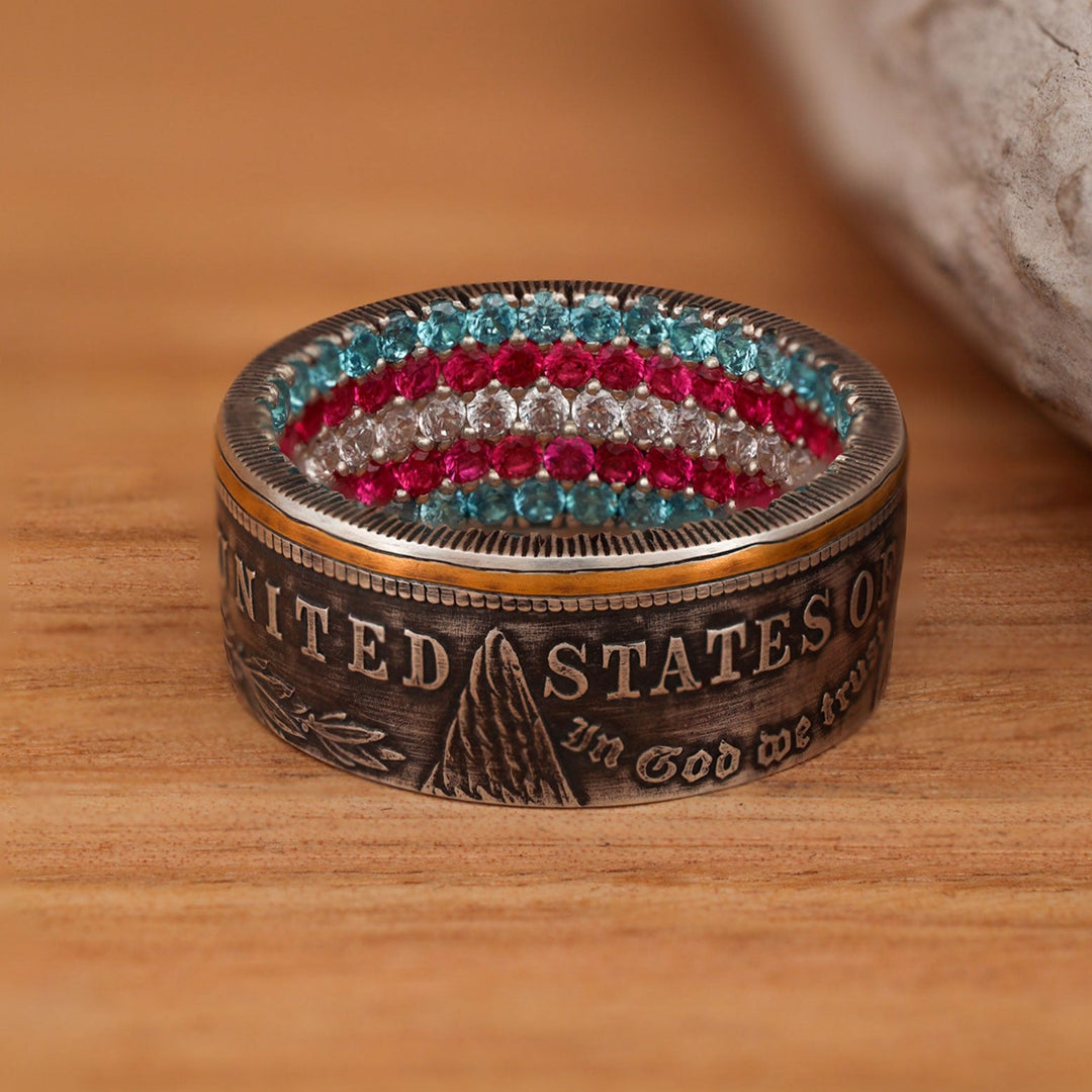 USA Silver Dollar Coin Ring with Sapphire, Ruby, and Diamond inside Pave and 24k Gold Inlays