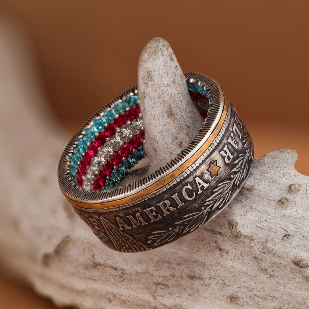 USA Silver Dollar Coin Ring with Sapphire, Ruby, and Diamond inside Pave and 24k Gold Inlays