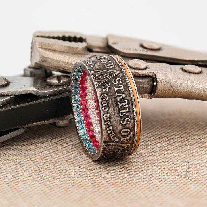 USA Silver Dollar Coin Ring with Sapphire, Ruby, and Diamond inside Pave and 24k Gold Inlays