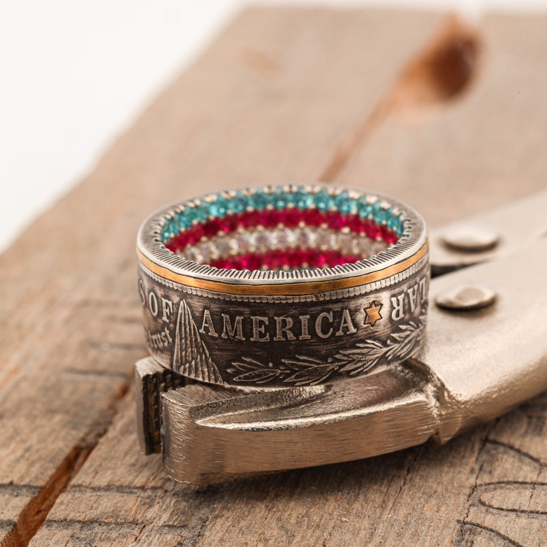 USA Silver Dollar Coin Ring with Sapphire, Ruby, and Diamond inside Pave and 24k Gold Inlays