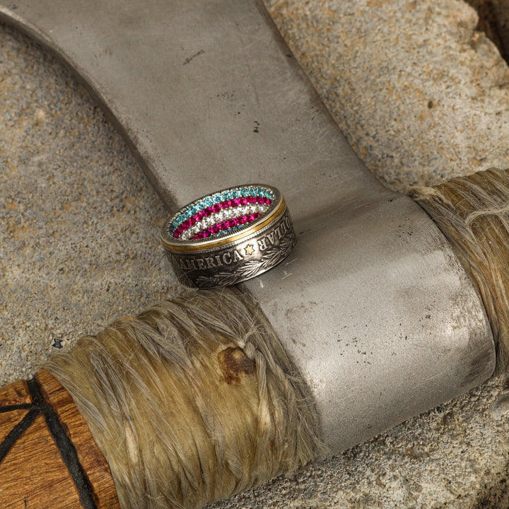 USA Silver Dollar Coin Ring with Sapphire, Ruby, and Diamond inside Pave and 24k Gold Inlays