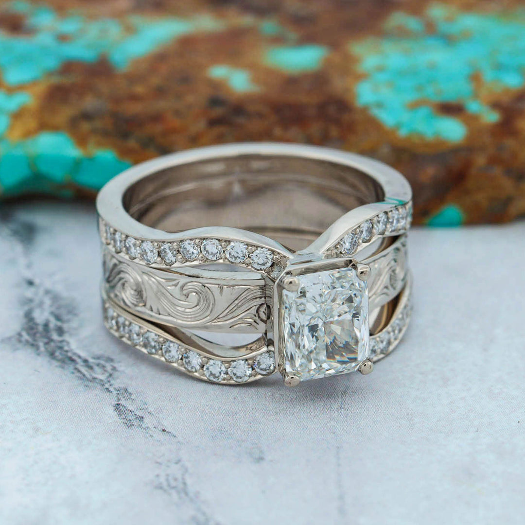Radiant Diamond Pave Ring with Matching Hand Engraved Scroll Band