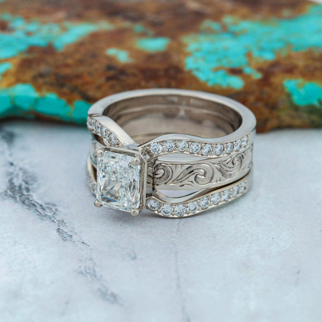 Radiant Diamond Pave Ring with Matching Hand Engraved Scroll Band