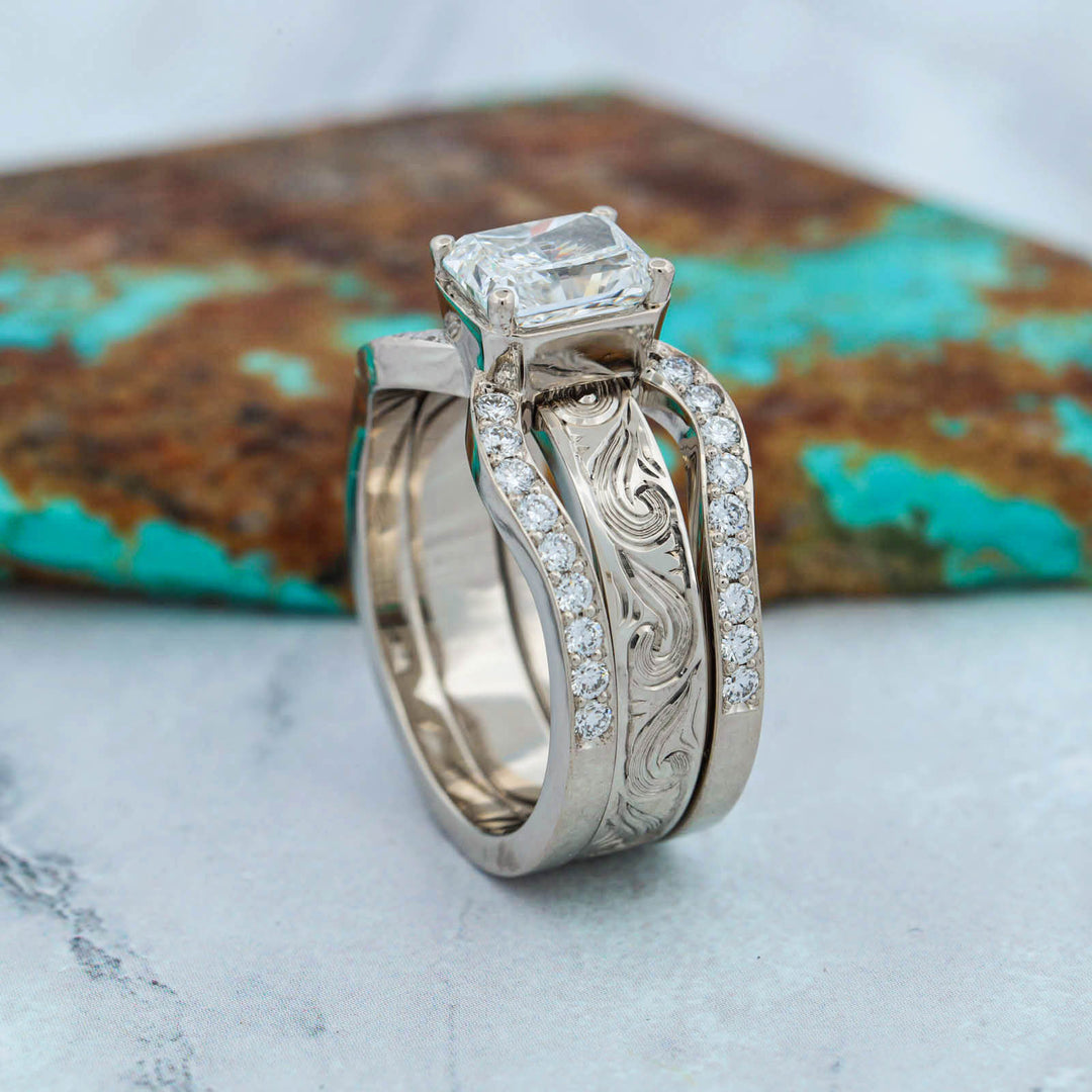 Radiant Diamond Pave Ring with Matching Hand Engraved Scroll Band